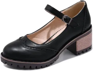 MIOKE Women's Retro Mary Jane Pump Oxford Brogue Round Toe Chunky Block Heel Platform Vintage Dress Shoes