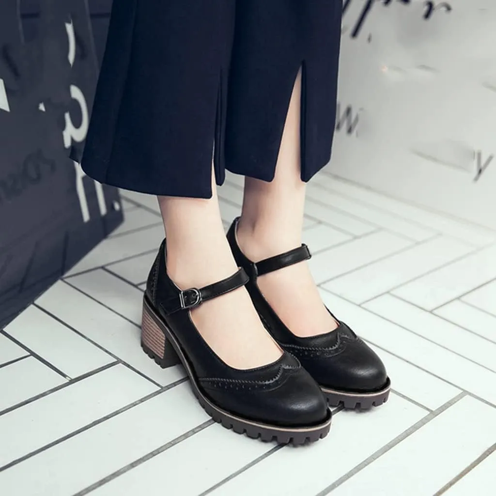 MIOKE Women's Retro Mary Jane Pump Oxford Brogue Round Toe Chunky Block Heel Platform Vintage Dress Shoes