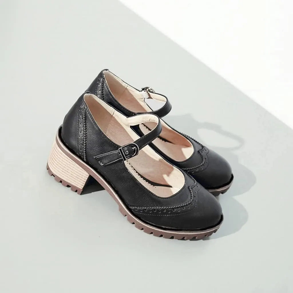 MIOKE Women's Retro Mary Jane Pump Oxford Brogue Round Toe Chunky Block Heel Platform Vintage Dress Shoes