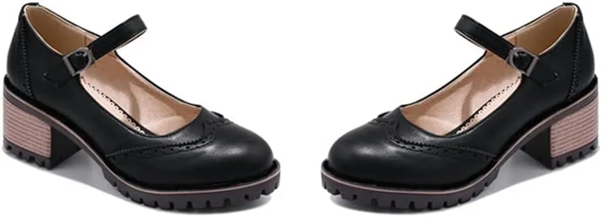 MIOKE Women's Retro Mary Jane Pump Oxford Brogue Round Toe Chunky Block Heel Platform Vintage Dress Shoes