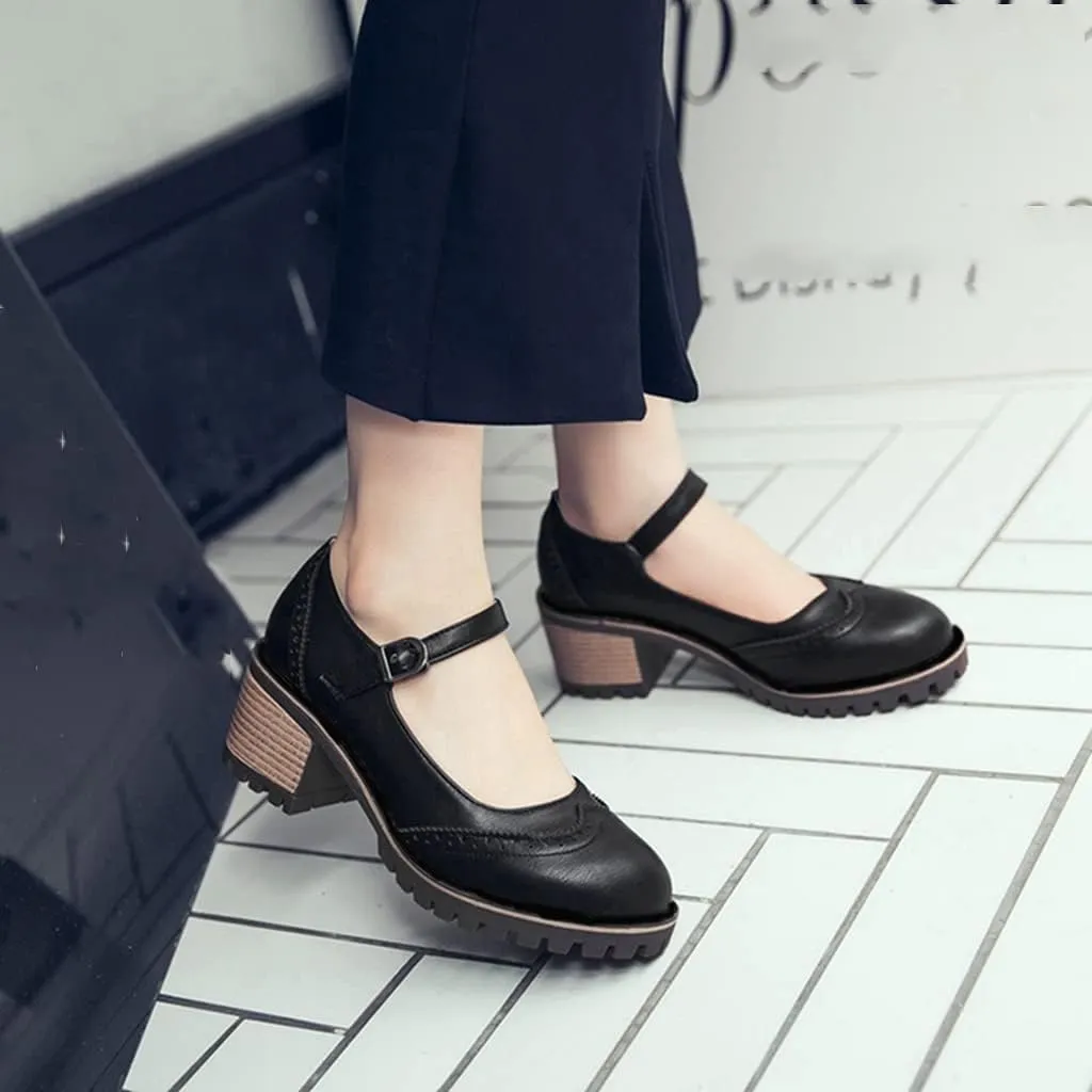 MIOKE Women's Retro Mary Jane Pump Oxford Brogue Round Toe Chunky Block Heel Platform Vintage Dress Shoes