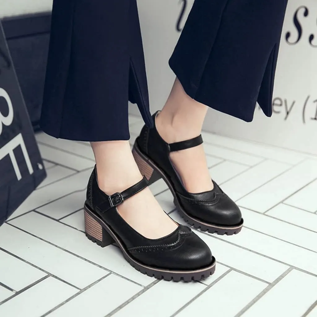MIOKE Women's Retro Mary Jane Pump Oxford Brogue Round Toe Chunky Block Heel Platform Vintage Dress Shoes