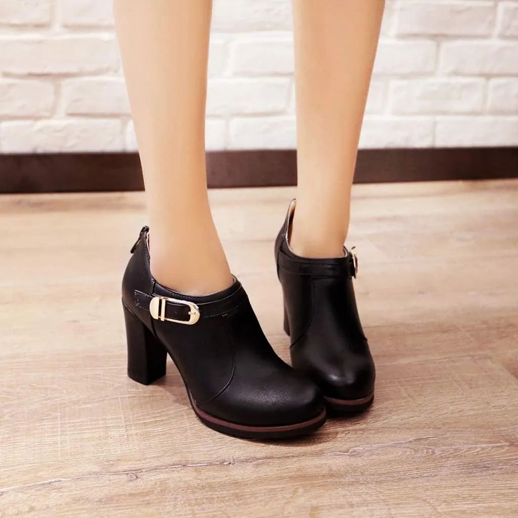 MIOKE Women's Round Toe Chunky Platform Oxford Pumps Buckle Slip On High Heel Zipper Uniform Dress Shoes