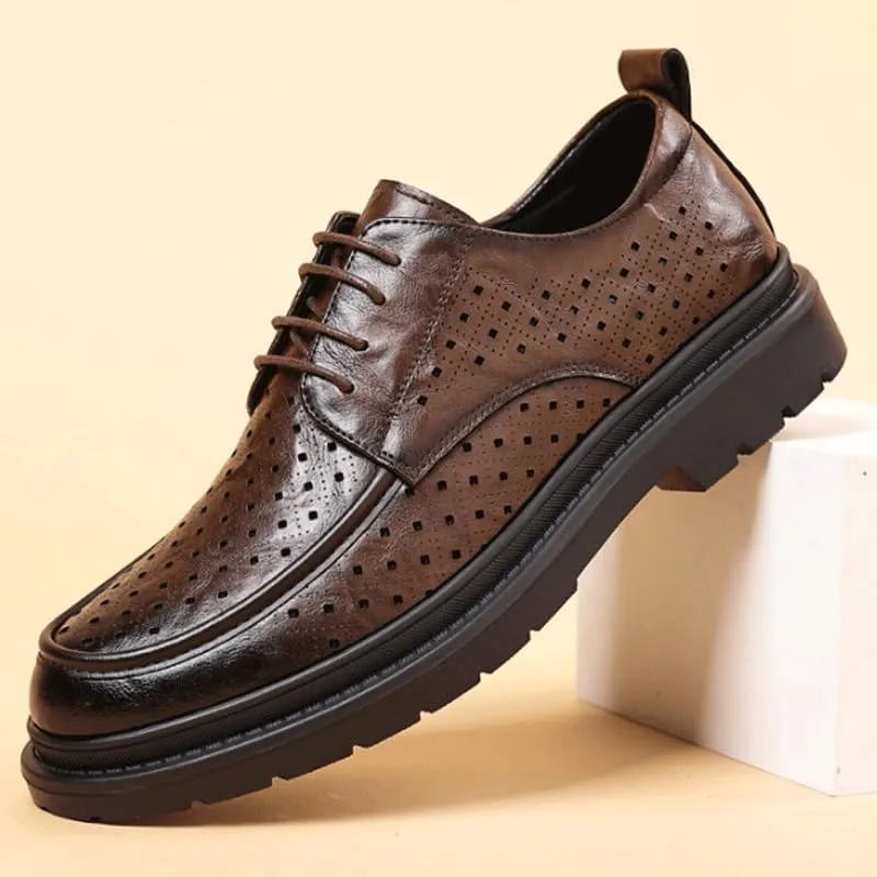Modern Square-Toe Leather Lace-Up Shoes for Men - Summer Office Wear with Moisture-Wicking Lining, Lightweight EVA Midsole & Durable TPR Outsole, Perfect for Business Casual