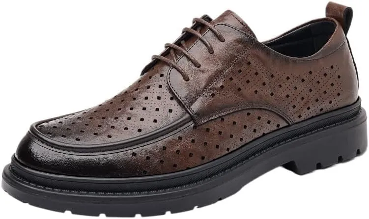 Modern Square-Toe Leather Lace-Up Shoes for Men - Summer Office Wear with Moisture-Wicking Lining, Lightweight EVA Midsole & Durable TPR Outsole, Perfect for Business Casual