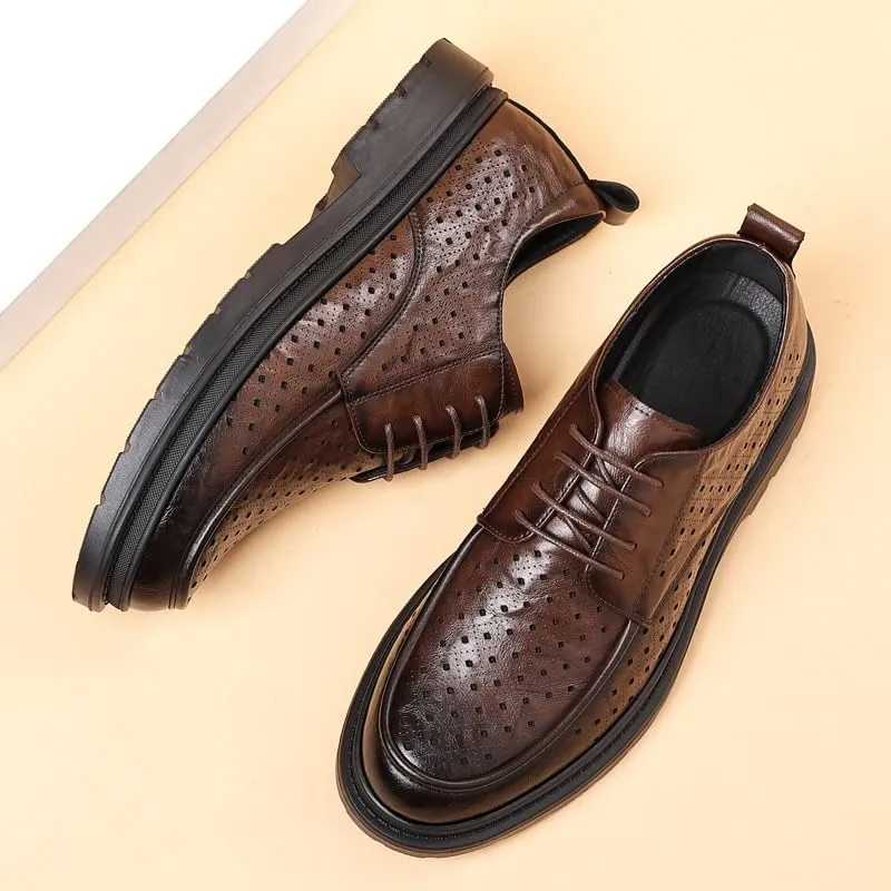 Modern Square-Toe Leather Lace-Up Shoes for Men - Summer Office Wear with Moisture-Wicking Lining, Lightweight EVA Midsole & Durable TPR Outsole, Perfect for Business Casual