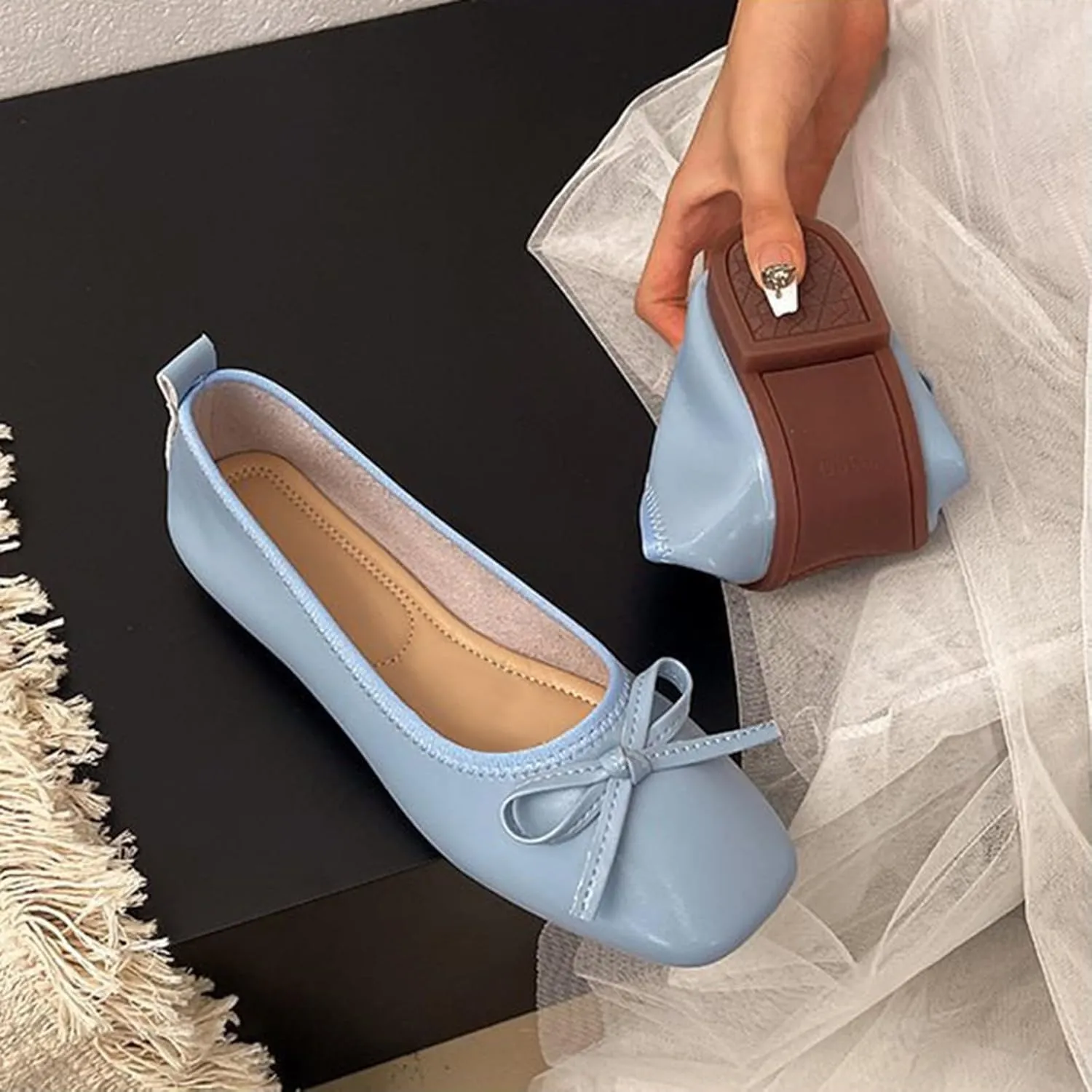 Nude Ballet Flats for Women Square Toe Ballerina Flat Dress Shoes with Bow Knot Comfortable Slip On Foldable Shoes