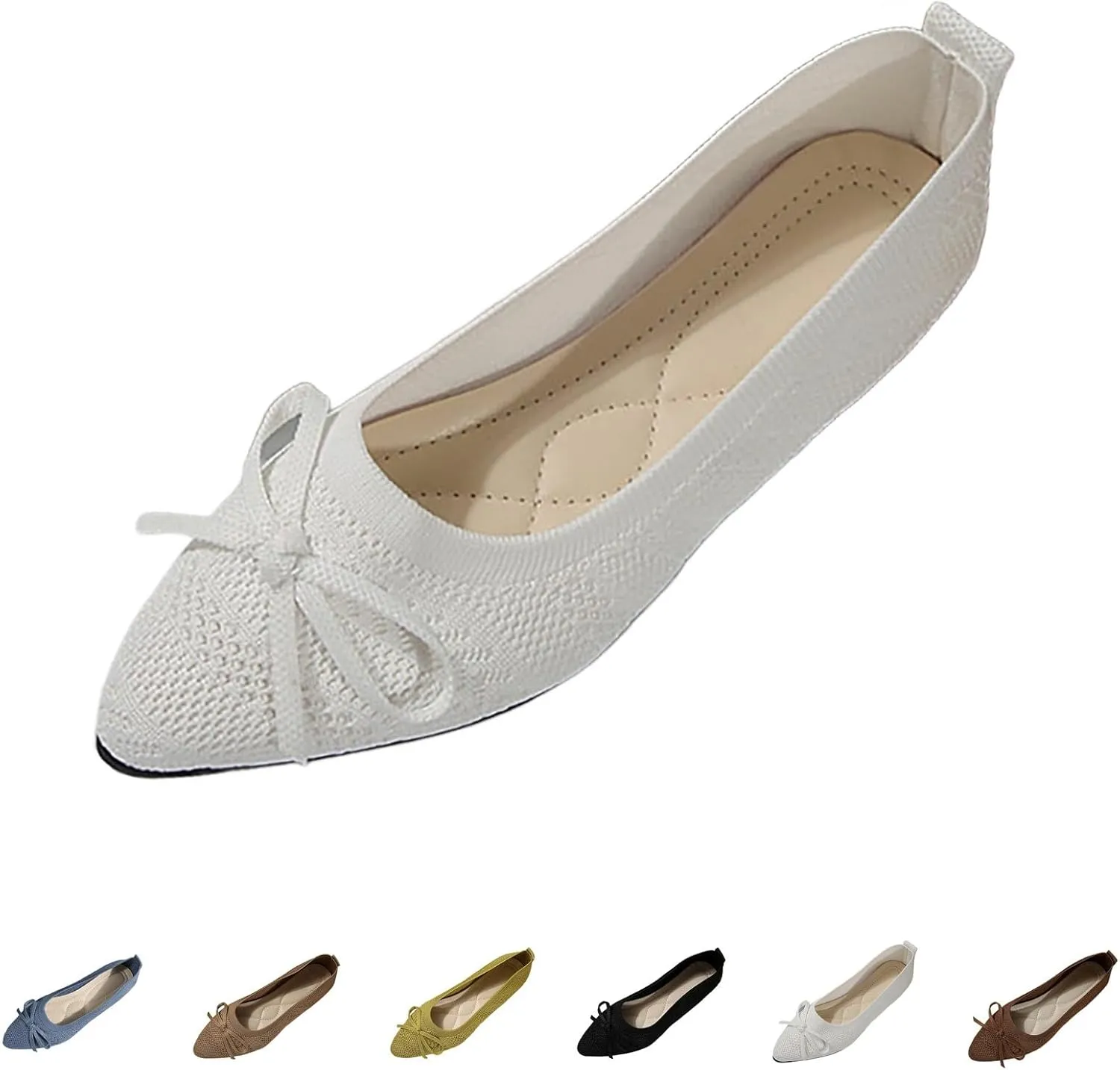 Nude Ballet Flats for Women Square Toe Ballerina Flat Dress Shoes with Bow Knot Comfortable Slip On Foldable Shoes