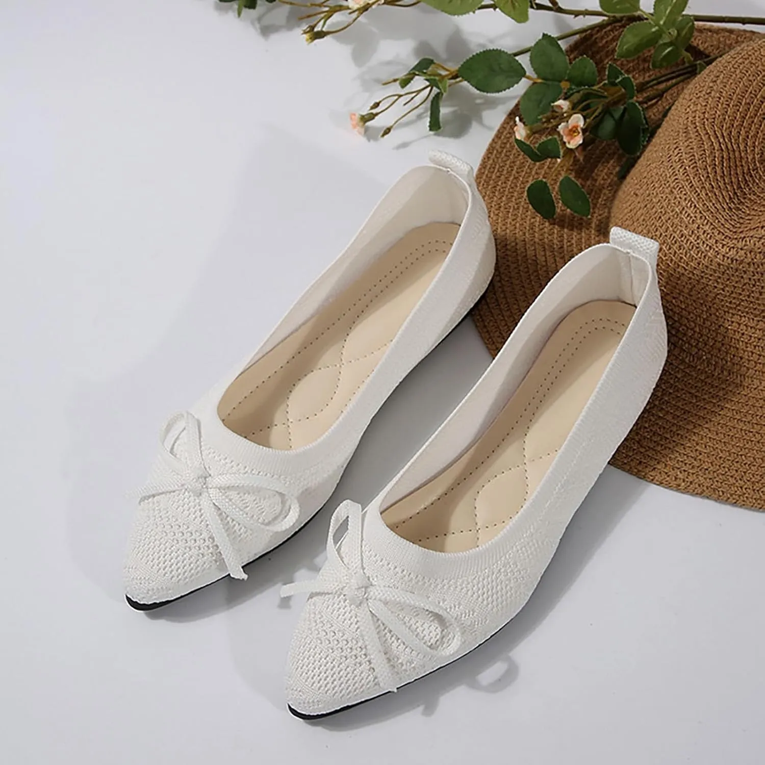 Nude Ballet Flats for Women Square Toe Ballerina Flat Dress Shoes with Bow Knot Comfortable Slip On Foldable Shoes