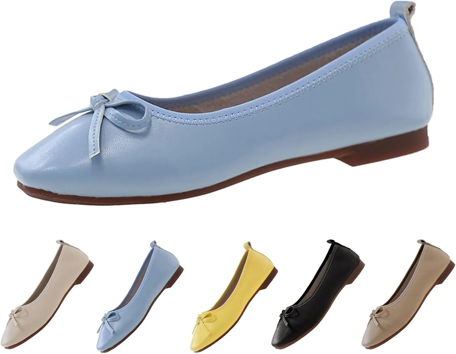 Nude Ballet Flats for Women Square Toe Ballerina Flat Dress Shoes with Bow Knot Comfortable Slip On Foldable Shoes