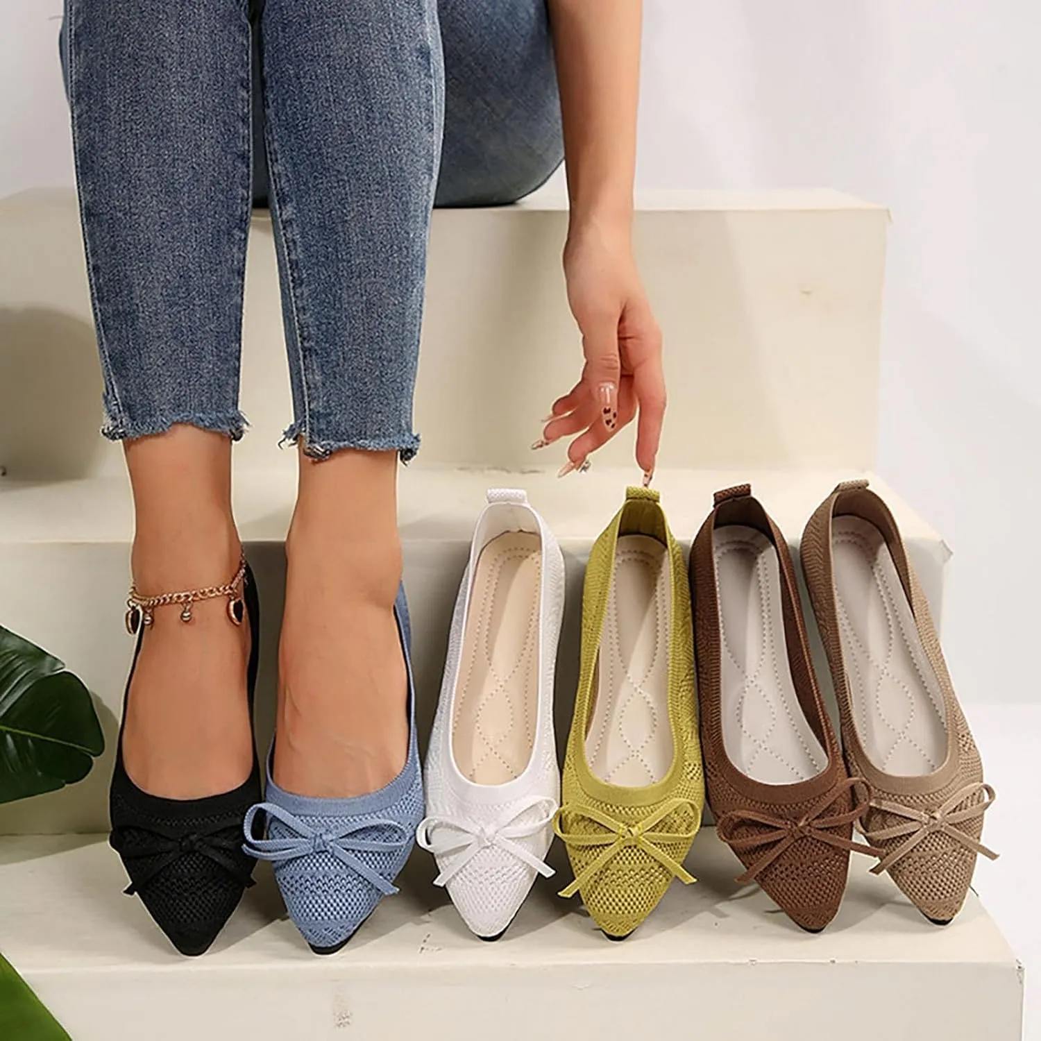 Nude Ballet Flats for Women Square Toe Ballerina Flat Dress Shoes with Bow Knot Comfortable Slip On Foldable Shoes