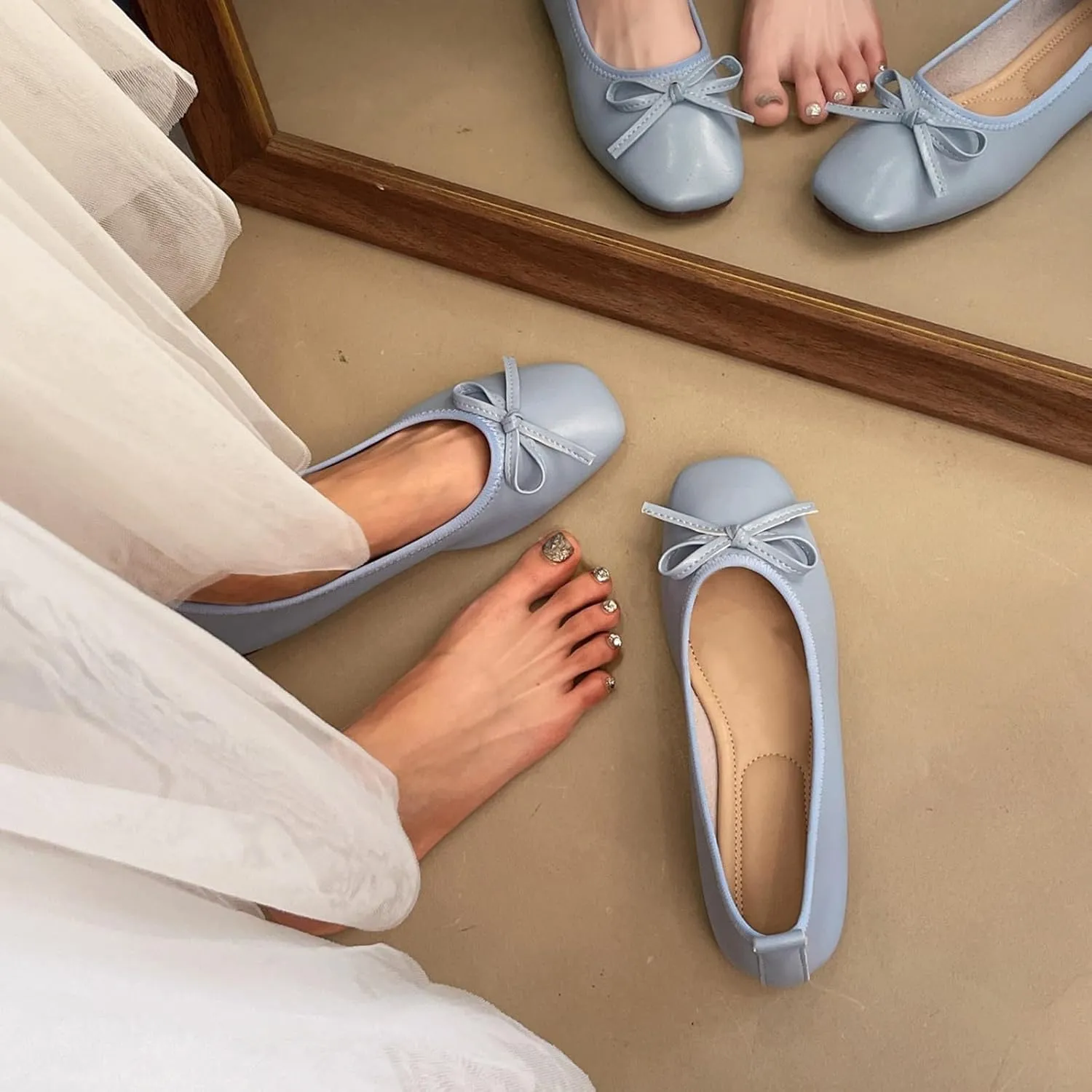 Nude Ballet Flats for Women Square Toe Ballerina Flat Dress Shoes with Bow Knot Comfortable Slip On Foldable Shoes