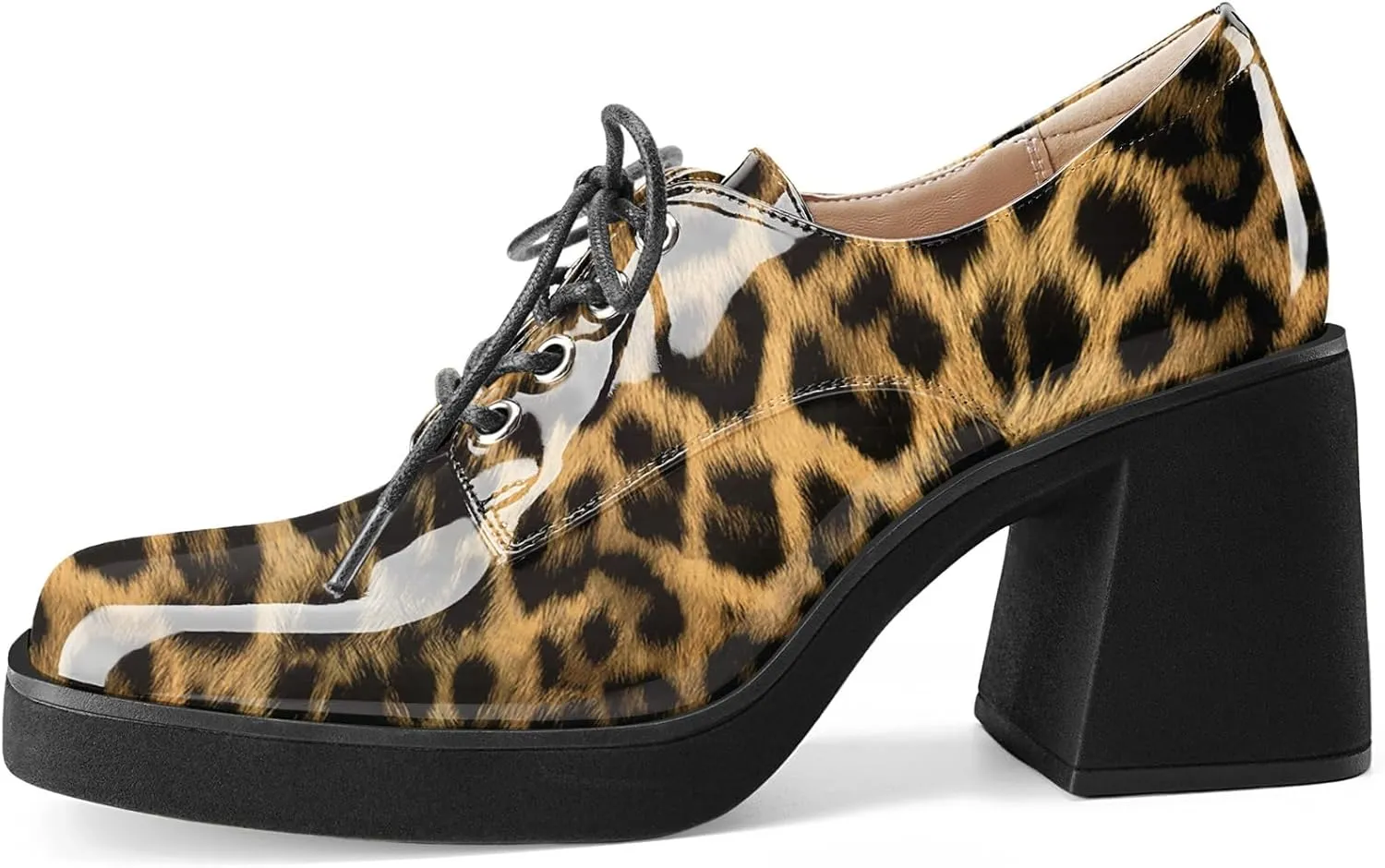 Oh Mispares Women's Chunky Heeled Oxfords Square Toe Platform Oxford Shoes for Women Lace-up Patent Leather Shoes Comfortable Business Dress Pump Shoes for Work