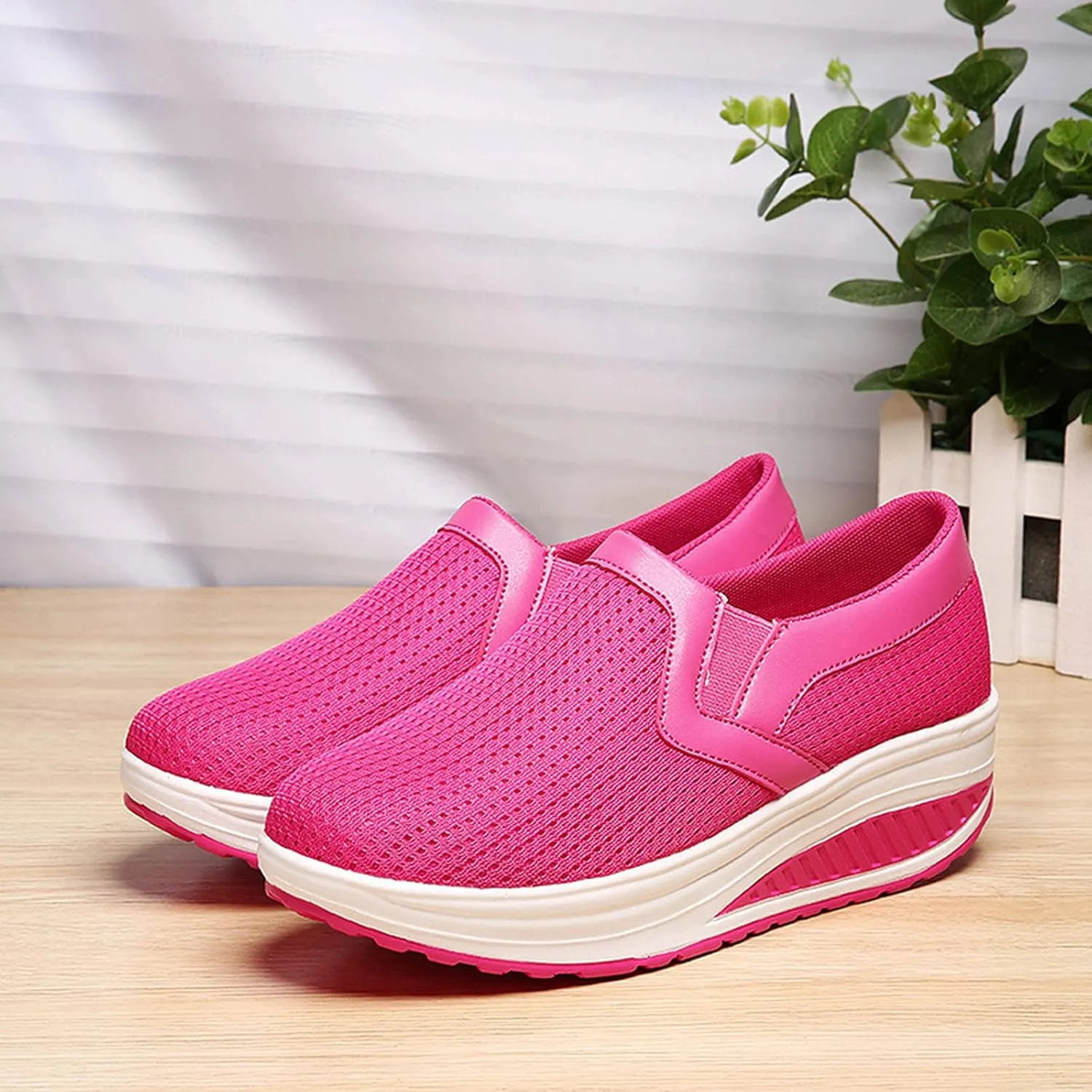oiangi Women Wedge Shoes Breathable Mesh Sneakers Slip On Comfort Walking Shoes Fashion Casual Solid Color Round Toe Non-Slip Platform Sports Shoes