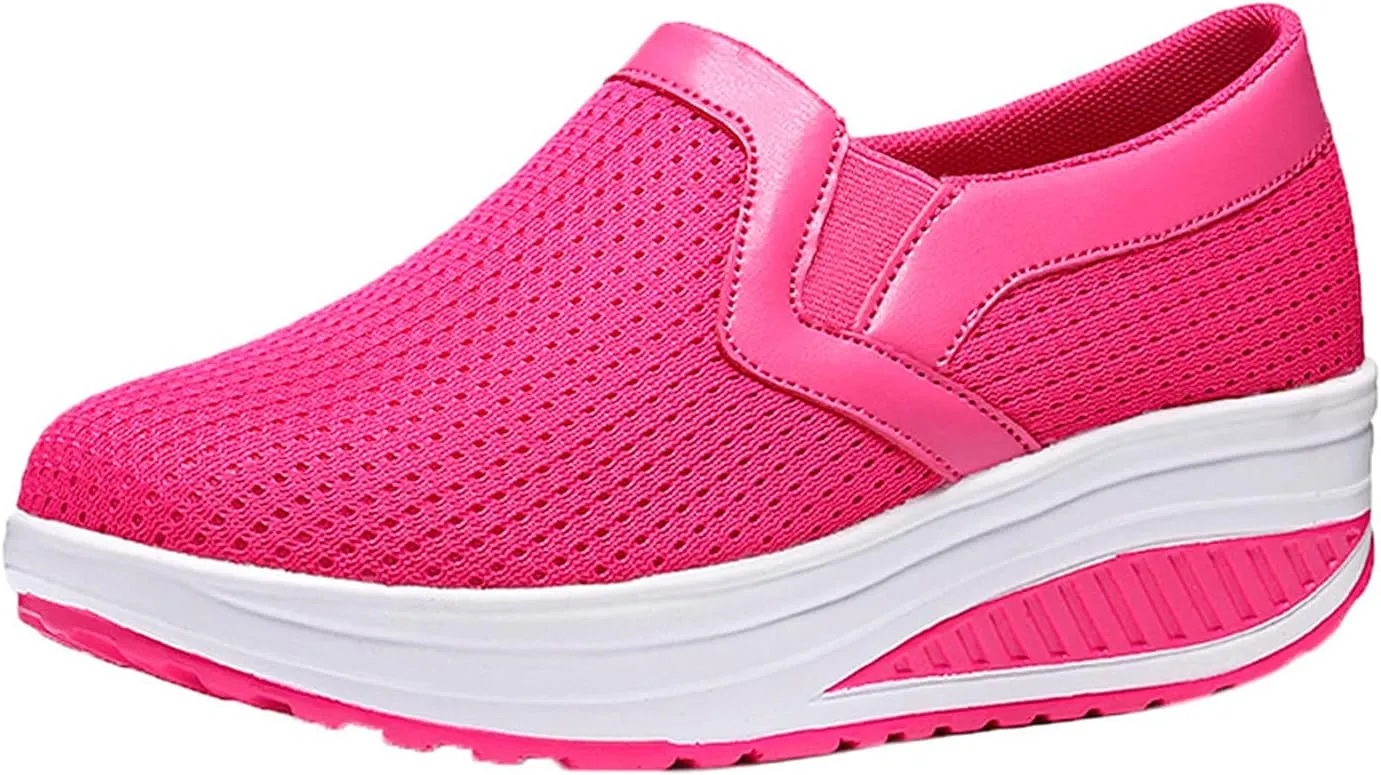 oiangi Women Wedge Shoes Breathable Mesh Sneakers Slip On Comfort Walking Shoes Fashion Casual Solid Color Round Toe Non-Slip Platform Sports Shoes