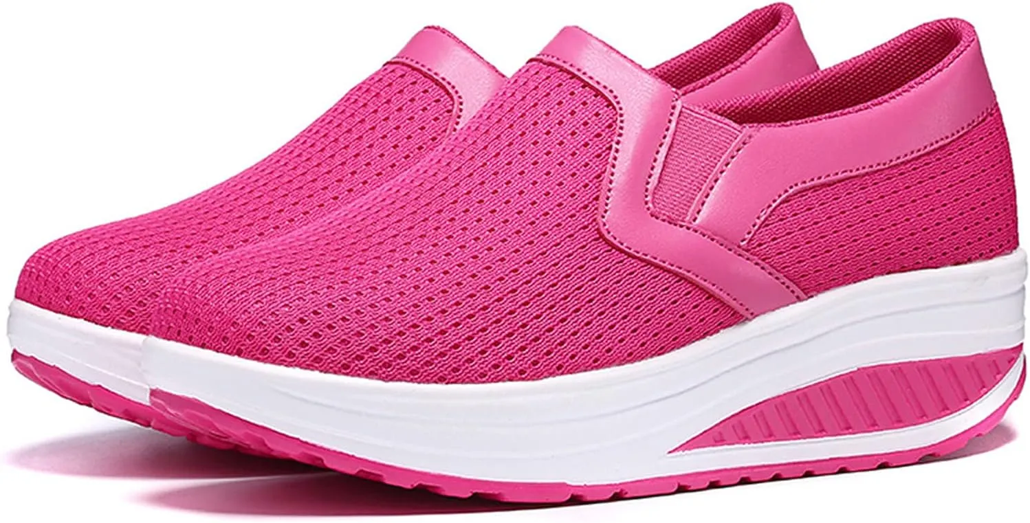 oiangi Women Wedge Shoes Breathable Mesh Sneakers Slip On Comfort Walking Shoes Fashion Casual Solid Color Round Toe Non-Slip Platform Sports Shoes