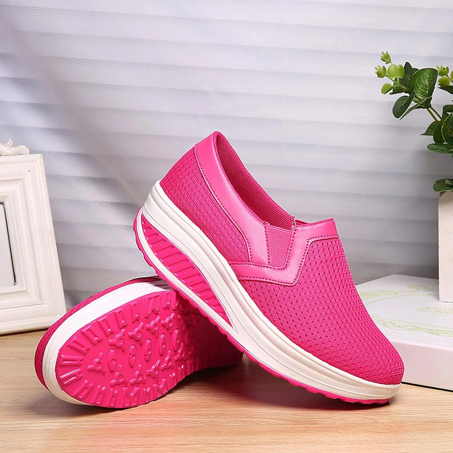oiangi Women Wedge Shoes Breathable Mesh Sneakers Slip On Comfort Walking Shoes Fashion Casual Solid Color Round Toe Non-Slip Platform Sports Shoes