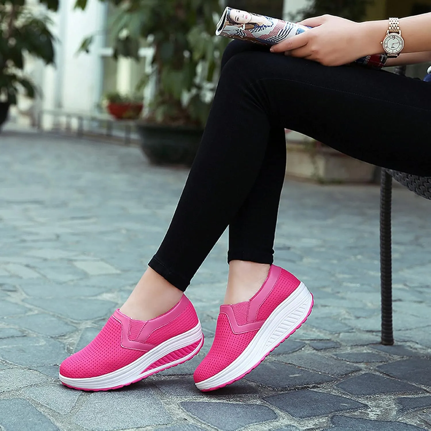 oiangi Women Wedge Shoes Breathable Mesh Sneakers Slip On Comfort Walking Shoes Fashion Casual Solid Color Round Toe Non-Slip Platform Sports Shoes