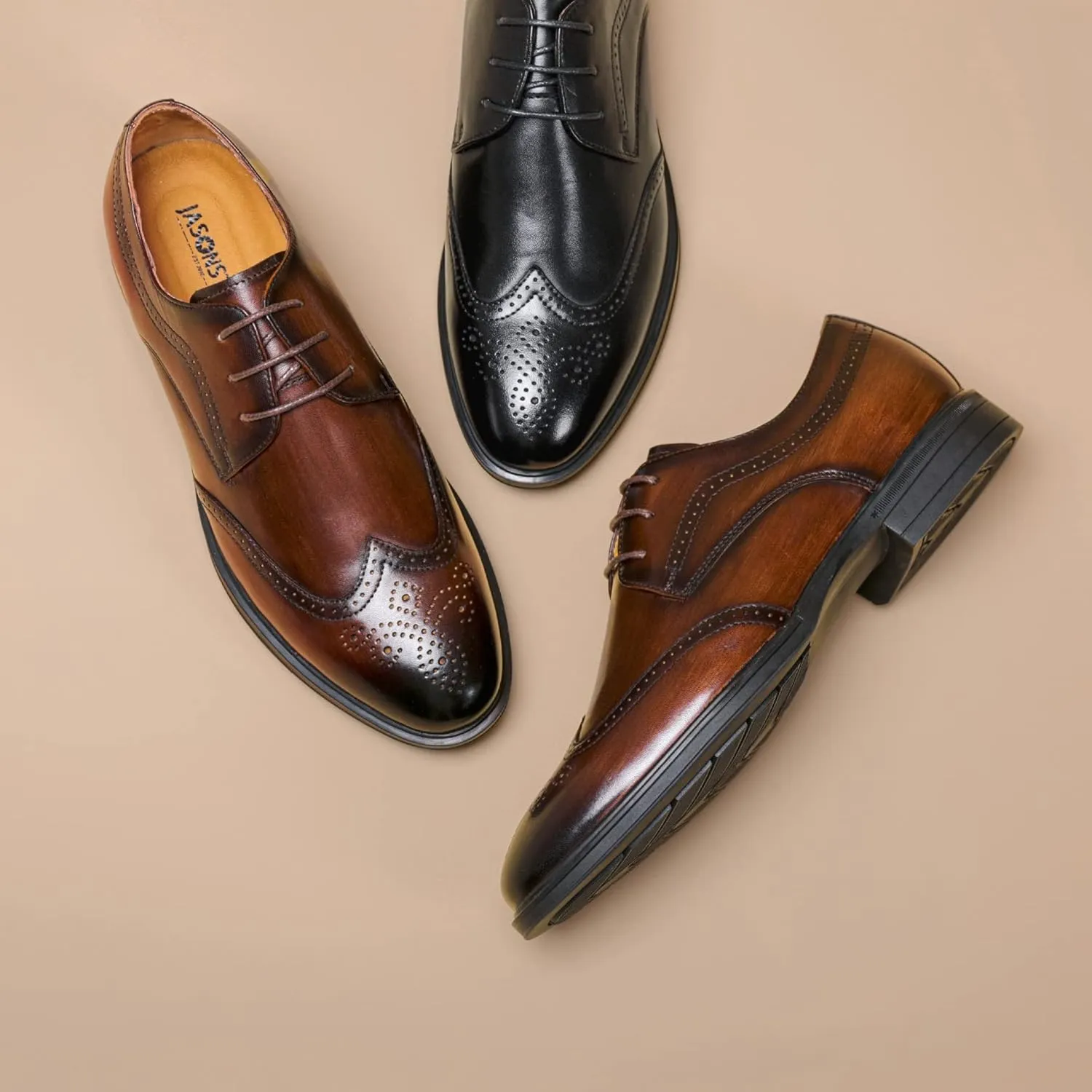 Oxford Shoes for Men Lace Up Derby Shoes Brogue Embossed Wing-tip Round Toe Leather Rubber Sole Non Slip Anti-Slip Classic