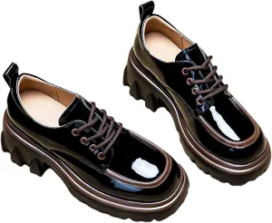 Platform Loafers for Women Chunky Heel,Slip-On Round Toe Comfort Chunky Loafer，Ladies Leather Platform Loafers