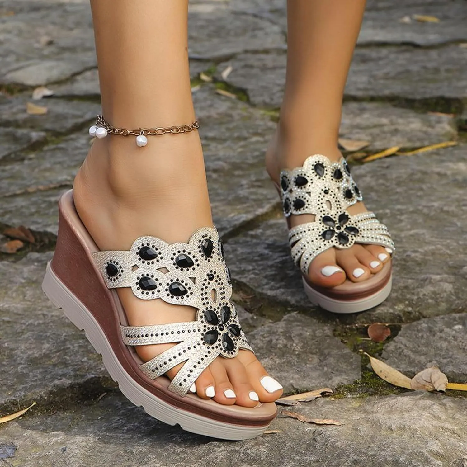 Platform Sandals Women Rhinestone Sequin Wedge Sandals Arch Support Sandal Open Toe Beach Casual Slippers