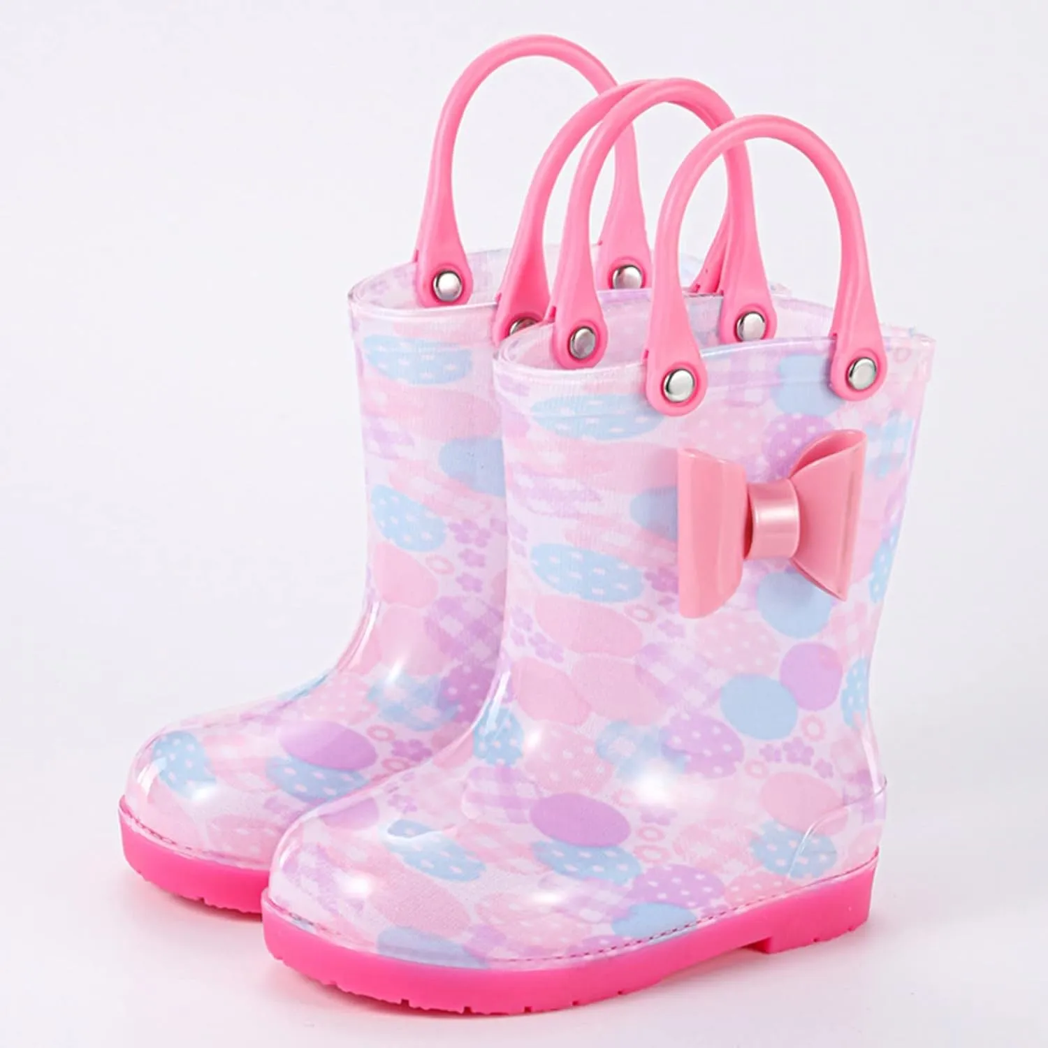 Rain Boots, Toddler Bowknot Fun Patterns Short Rain Boots, Kids Girls Boys Easy-On Handles Waterproof Rubber Shoes