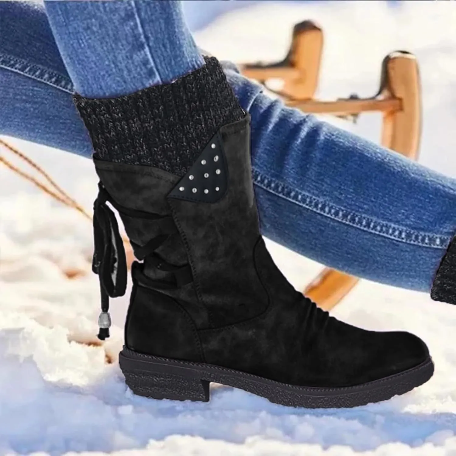Snow Boots for Women Combat Mid Calf Boots Chunky Platform Boots Winter Warm Square Toe Shoes Lace Up Zip High Heel Booties