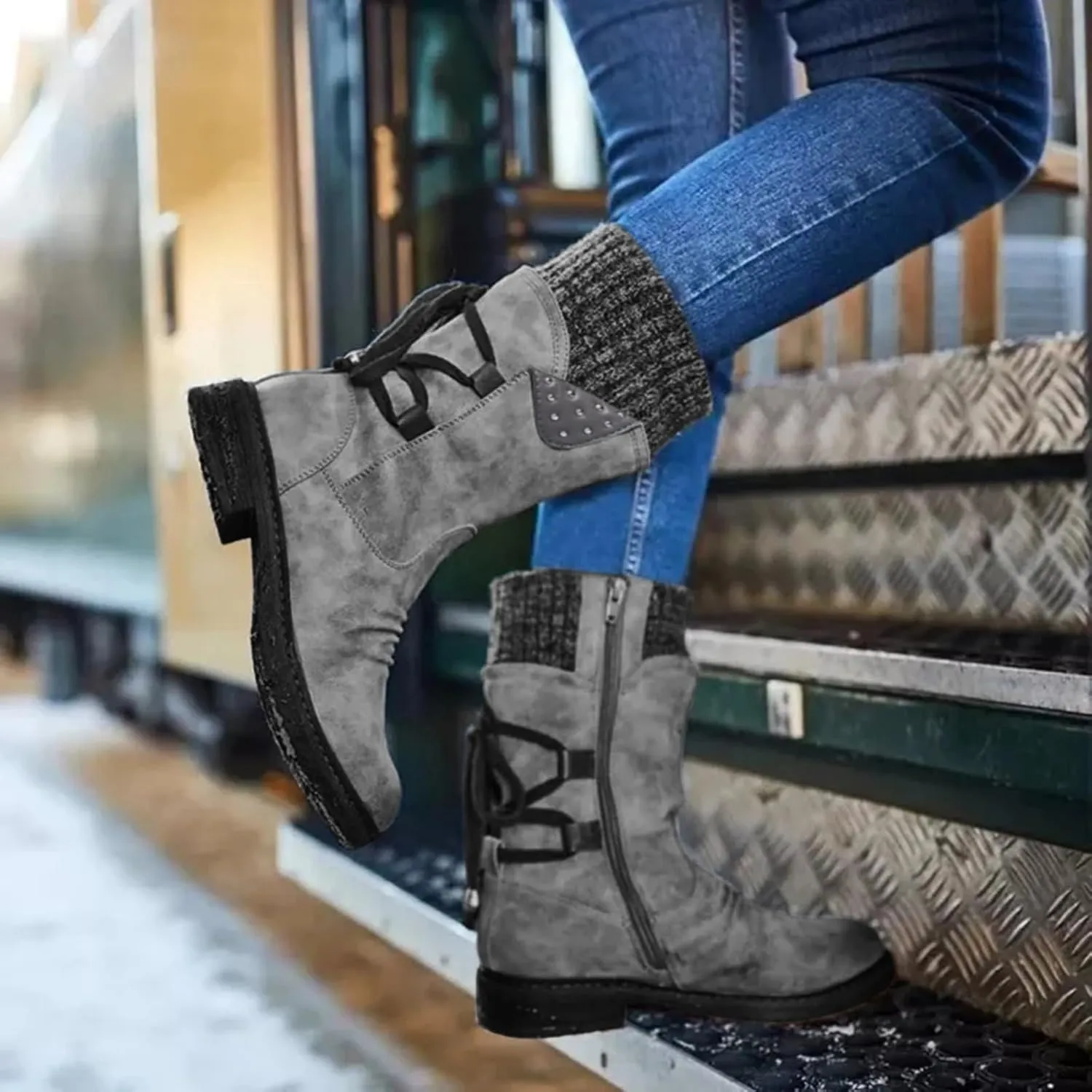 Snow Boots for Women Combat Mid Calf Boots Chunky Platform Boots Winter Warm Square Toe Shoes Lace Up Zip High Heel Booties