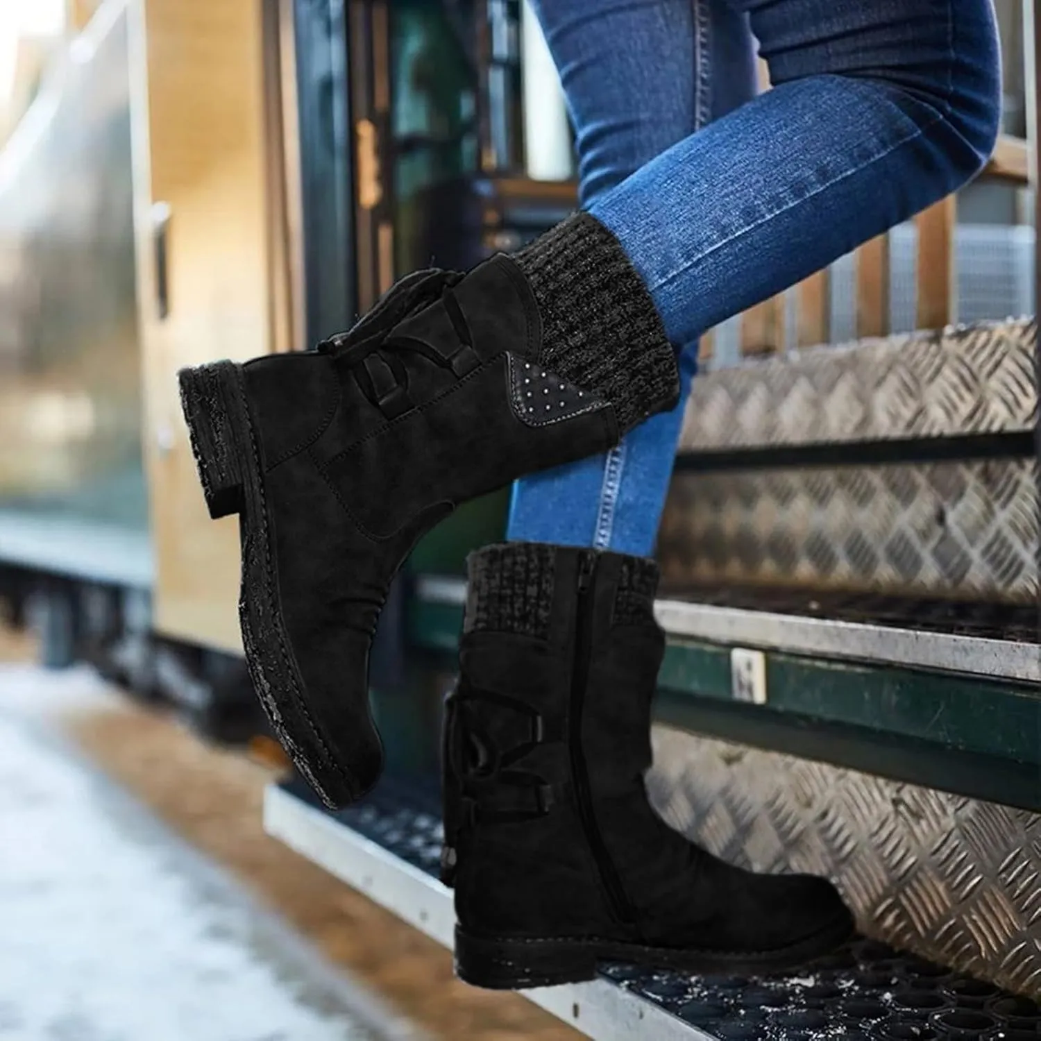 Snow Boots for Women Combat Mid Calf Boots Chunky Platform Boots Winter Warm Square Toe Shoes Lace Up Zip High Heel Booties