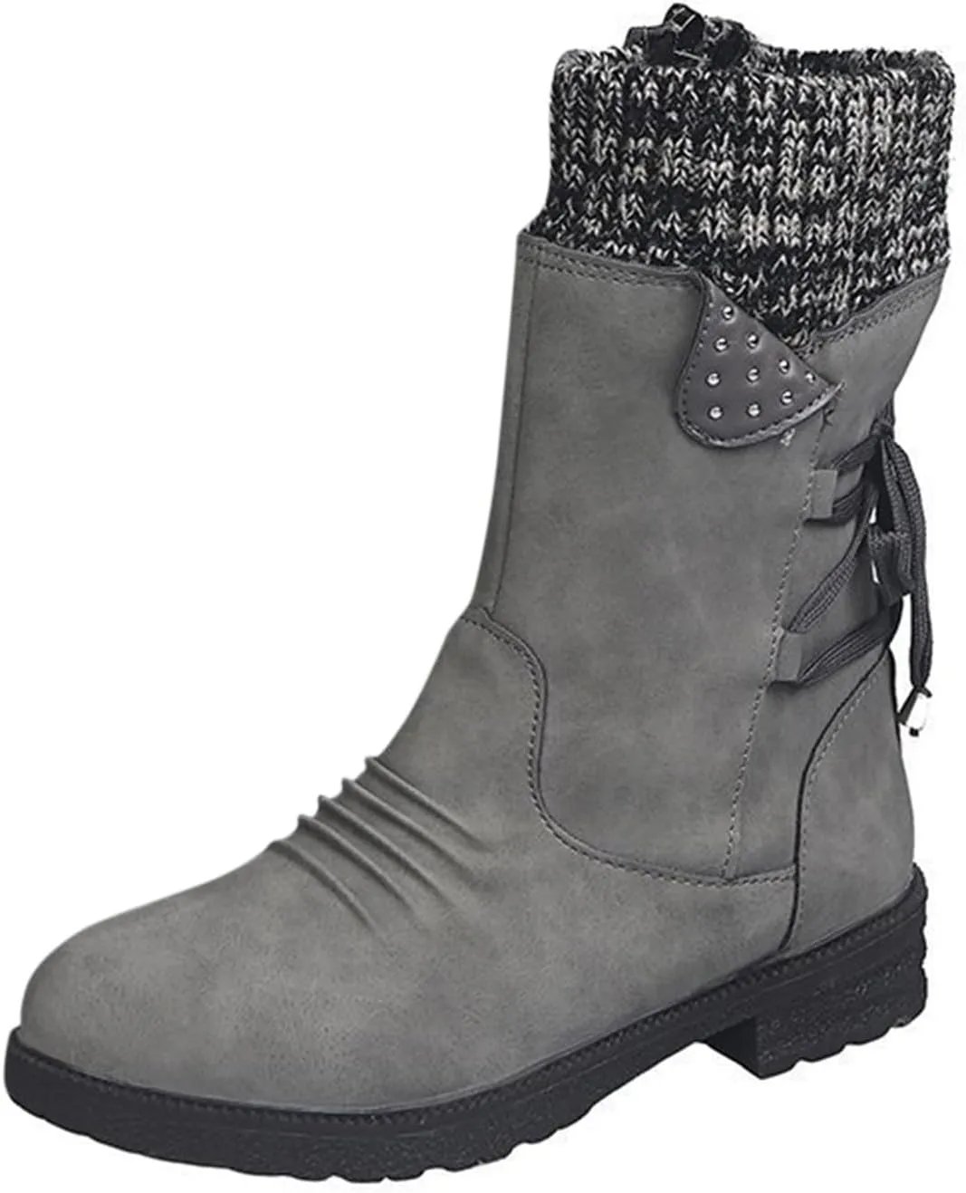 Snow Boots for Women Combat Mid Calf Boots Chunky Platform Boots Winter Warm Square Toe Shoes Lace Up Zip High Heel Booties