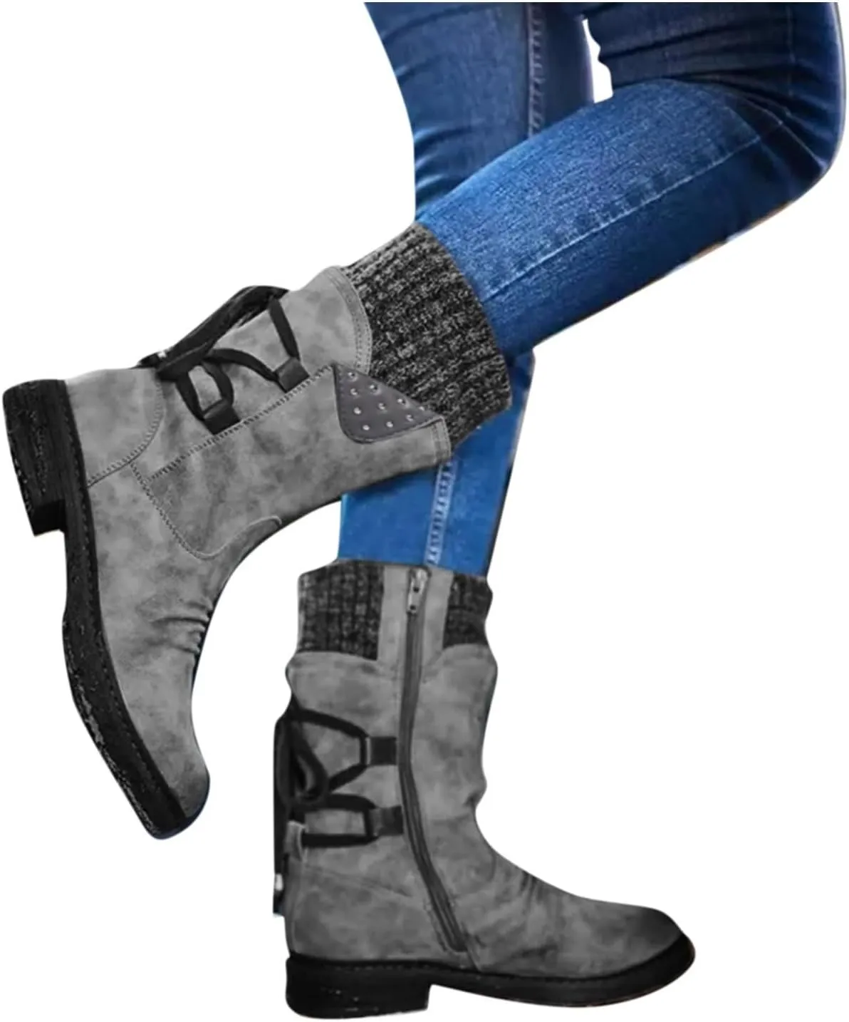 Snow Boots for Women Combat Mid Calf Boots Chunky Platform Boots Winter Warm Square Toe Shoes Lace Up Zip High Heel Booties