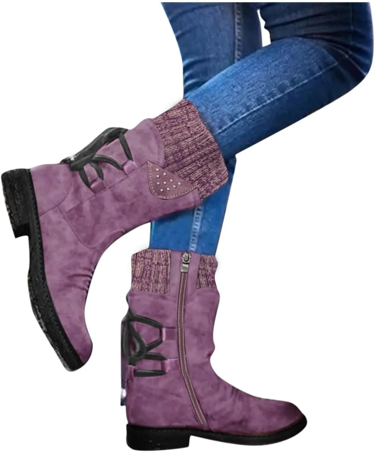 Snow Boots for Women Combat Mid Calf Boots Chunky Platform Boots Winter Warm Square Toe Shoes Lace Up Zip High Heel Booties