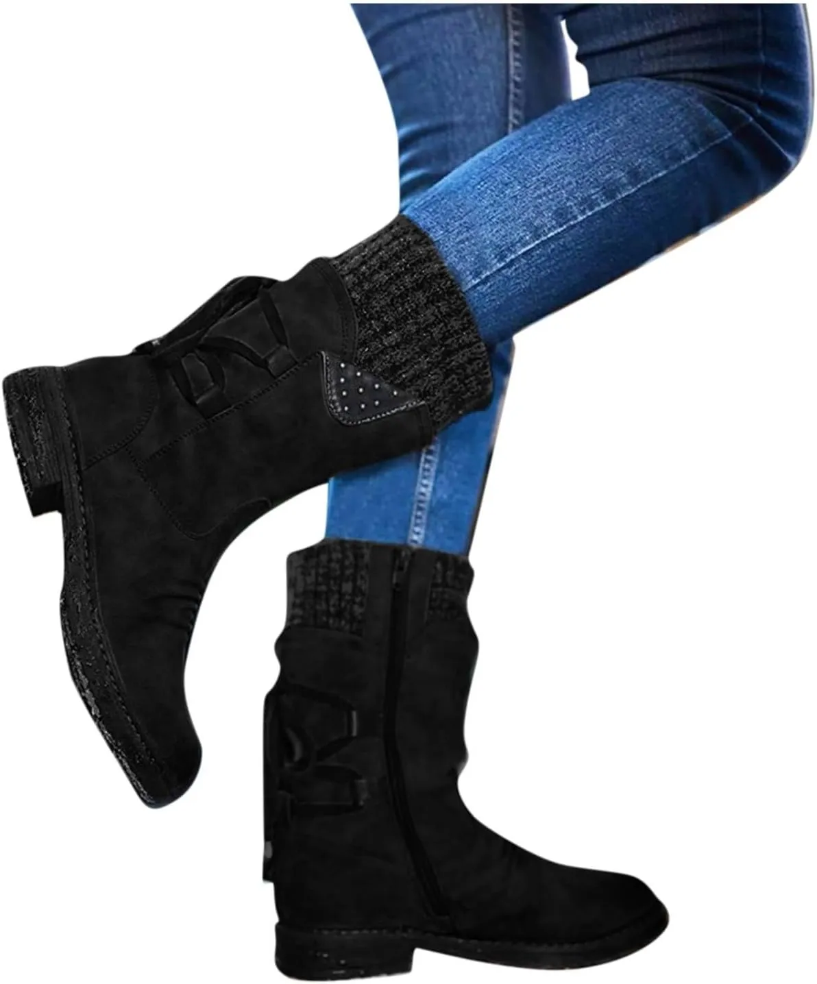 Snow Boots for Women Combat Mid Calf Boots Chunky Platform Boots Winter Warm Square Toe Shoes Lace Up Zip High Heel Booties