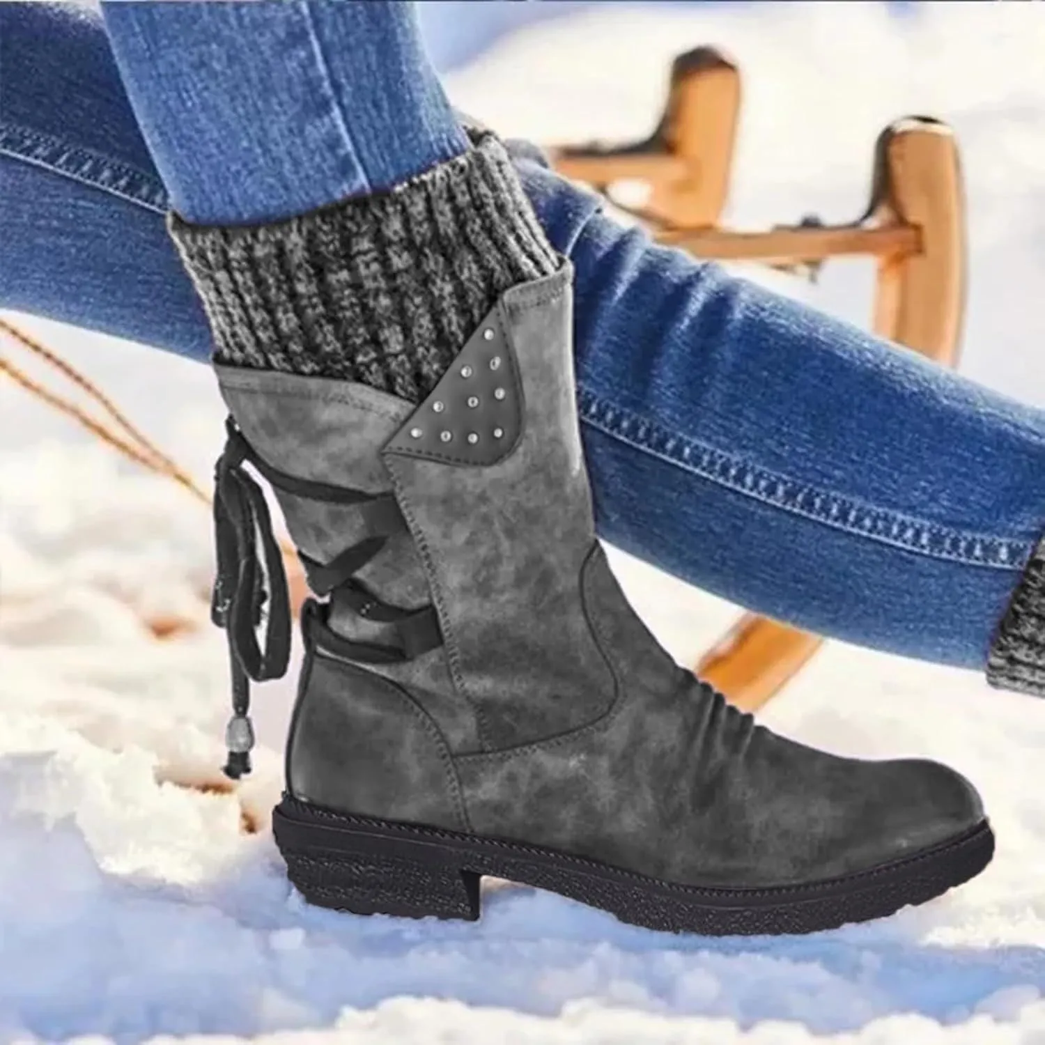 Snow Boots for Women Combat Mid Calf Boots Chunky Platform Boots Winter Warm Square Toe Shoes Lace Up Zip High Heel Booties