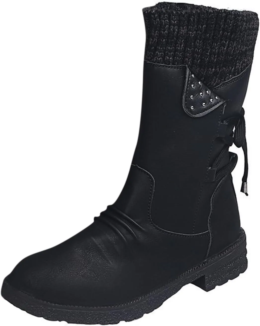 Snow Boots for Women Combat Mid Calf Boots Chunky Platform Boots Winter Warm Square Toe Shoes Lace Up Zip High Heel Booties