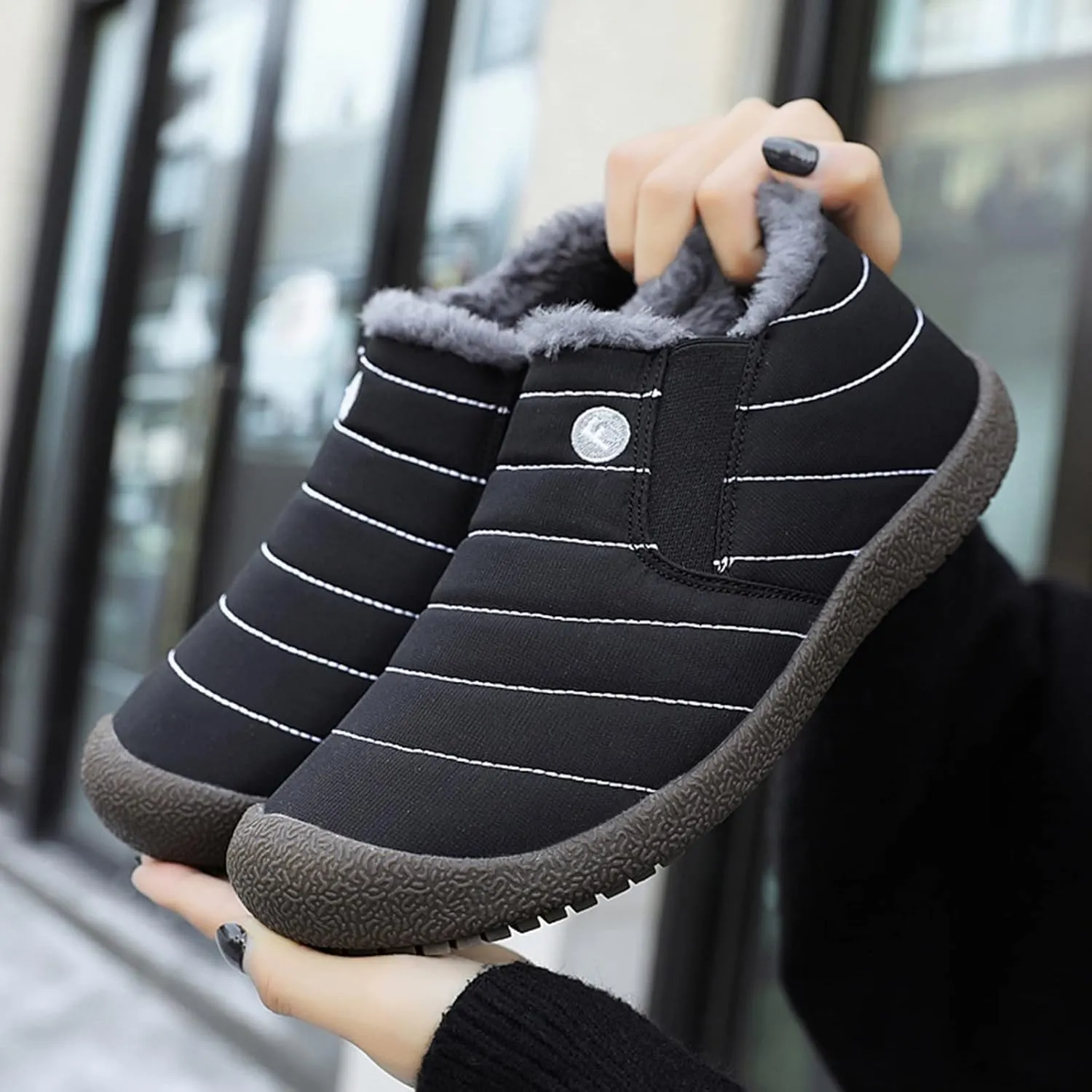 Snow Boots for Women Faux Furry Lined Ankle Booties Low Heel Leather Fashion Slip on Comfortable Fall Winter Boots Black Zipper Retro Ladies Boots Women Booties