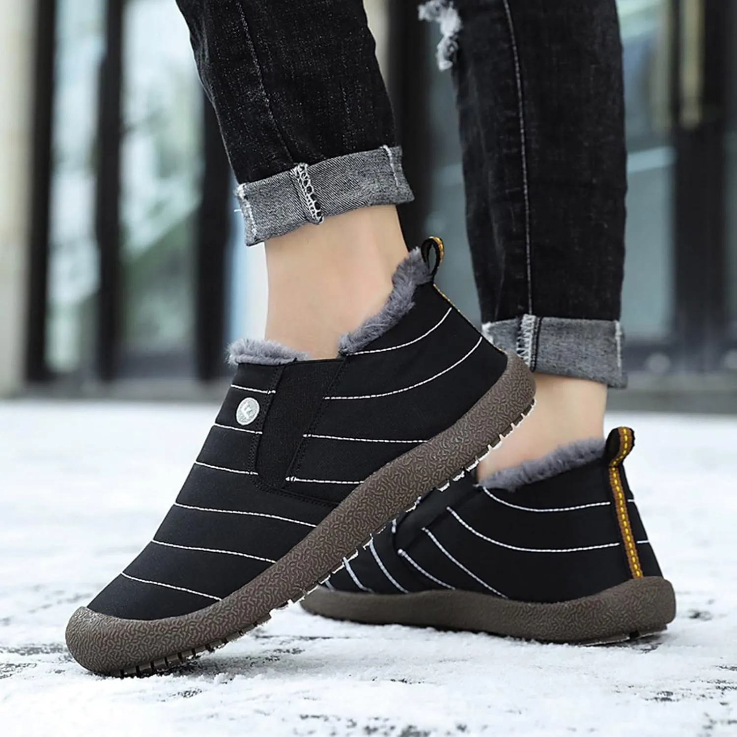 Snow Boots for Women Faux Furry Lined Ankle Booties Low Heel Leather Fashion Slip on Comfortable Fall Winter Boots Black Zipper Retro Ladies Boots Women Booties