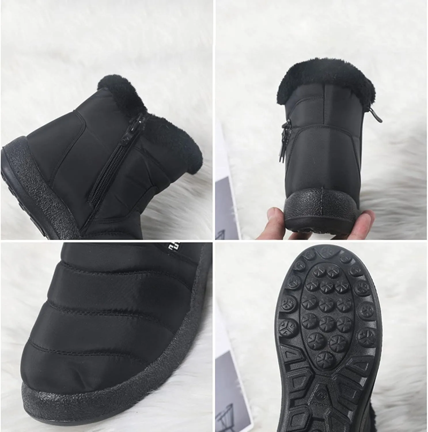 Snow Boots for Women Faux Furry Lined Mid Calf Boots Low Heel Leather Dressy Slip on Comfortable Fall Winter Boots Zip Up Vintage 2024 Ladies Boots Women Booties