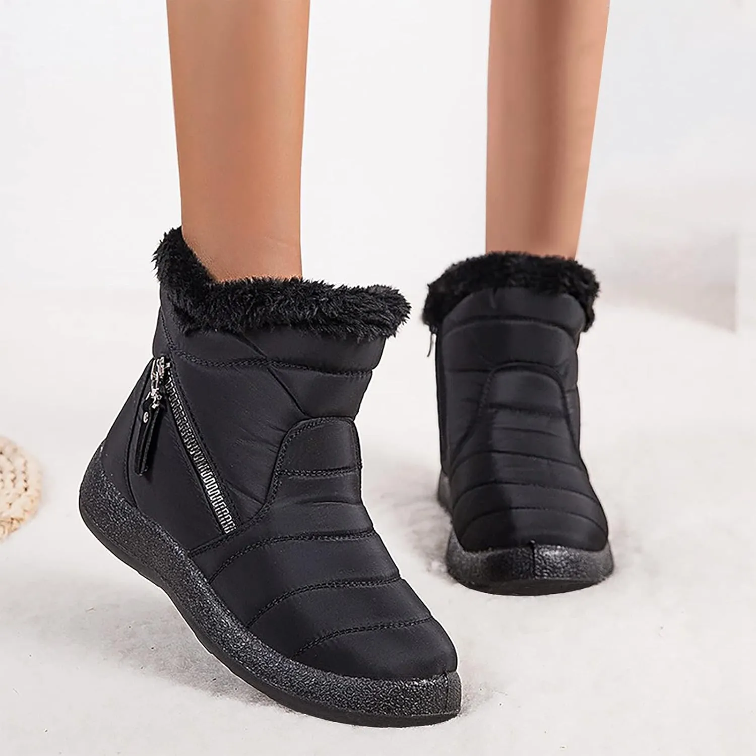 Snow Boots for Women Faux Furry Lined Mid Calf Boots Low Heel Leather Dressy Slip on Comfortable Fall Winter Boots Zip Up Vintage 2024 Ladies Boots Women Booties