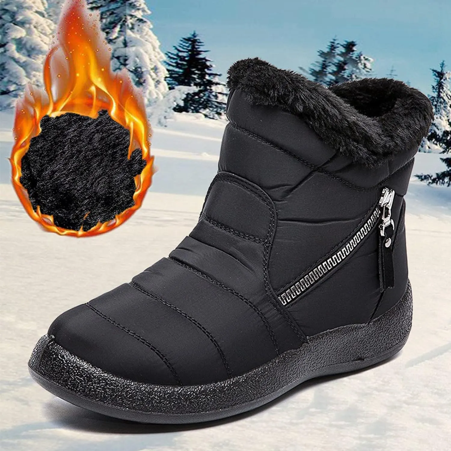 Snow Boots for Women Faux Furry Lined Mid Calf Boots Low Heel Leather Dressy Slip on Comfortable Fall Winter Boots Zip Up Vintage 2024 Ladies Boots Women Booties