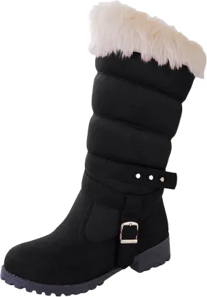 Snow Boots for Women Winter Warm Cotton Belt Mid Calf Boots Low Heel Round Toe Velvet Lined Anti-Slip Resistant Booties