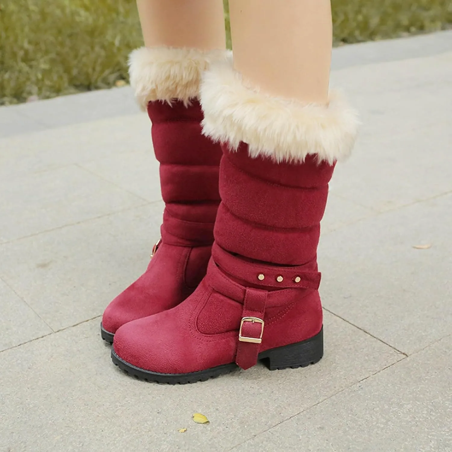 Snow Boots for Women Winter Warm Cotton Belt Mid Calf Boots Low Heel Round Toe Velvet Lined Anti-Slip Resistant Booties