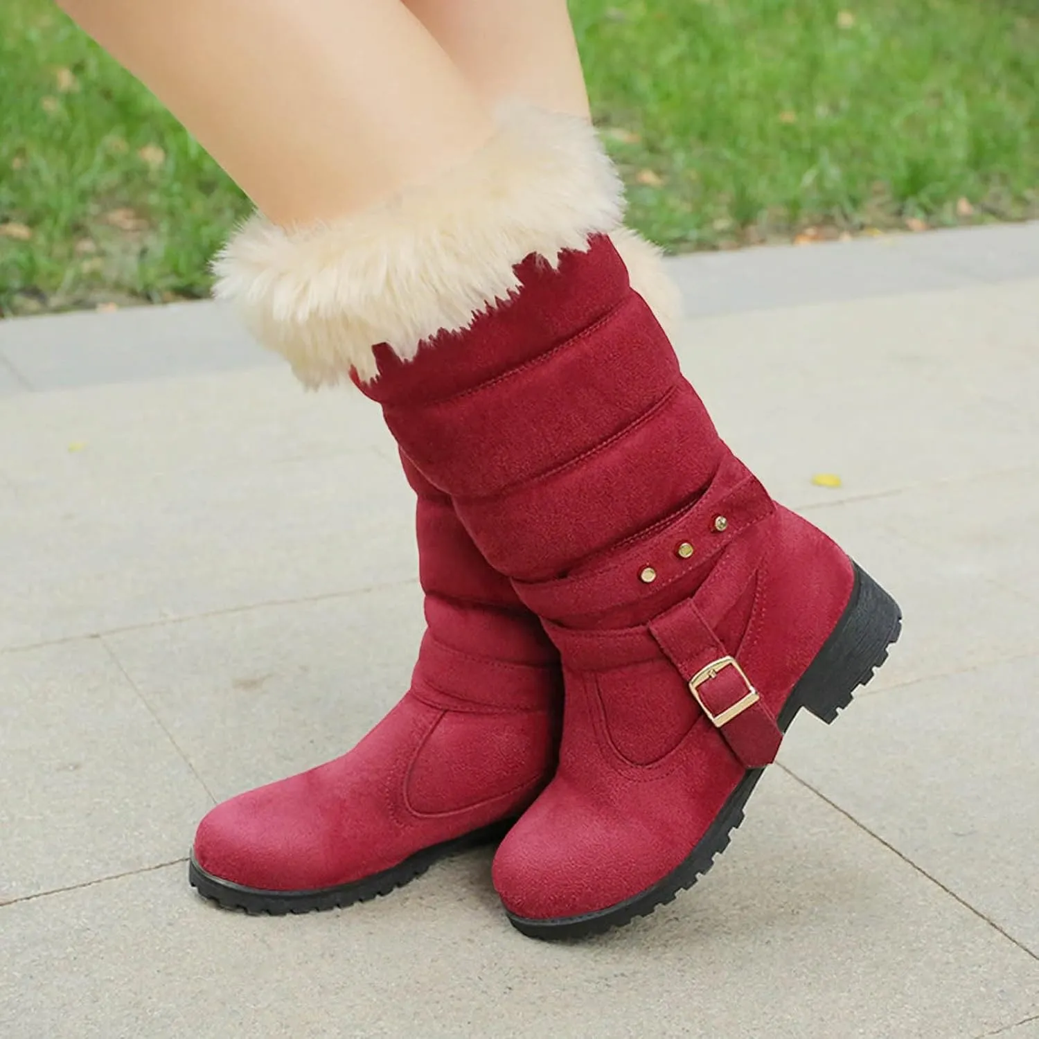 Snow Boots for Women Winter Warm Cotton Belt Mid Calf Boots Low Heel Round Toe Velvet Lined Anti-Slip Resistant Booties