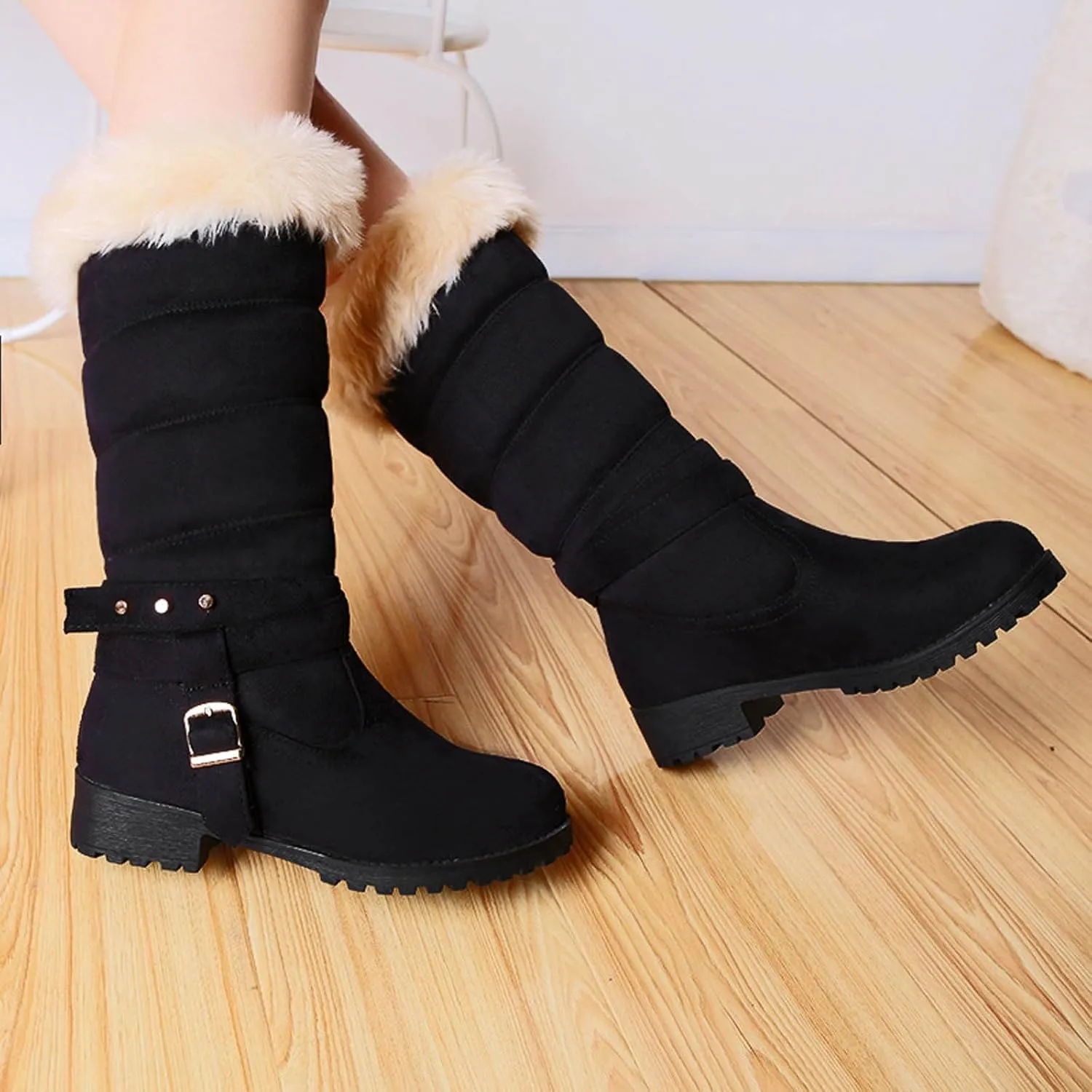 Snow Boots for Women Winter Warm Cotton Belt Mid Calf Boots Low Heel Round Toe Velvet Lined Anti-Slip Resistant Booties