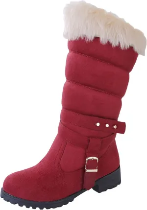 Snow Boots for Women Winter Warm Cotton Belt Mid Calf Boots Low Heel Round Toe Velvet Lined Anti-Slip Resistant Booties