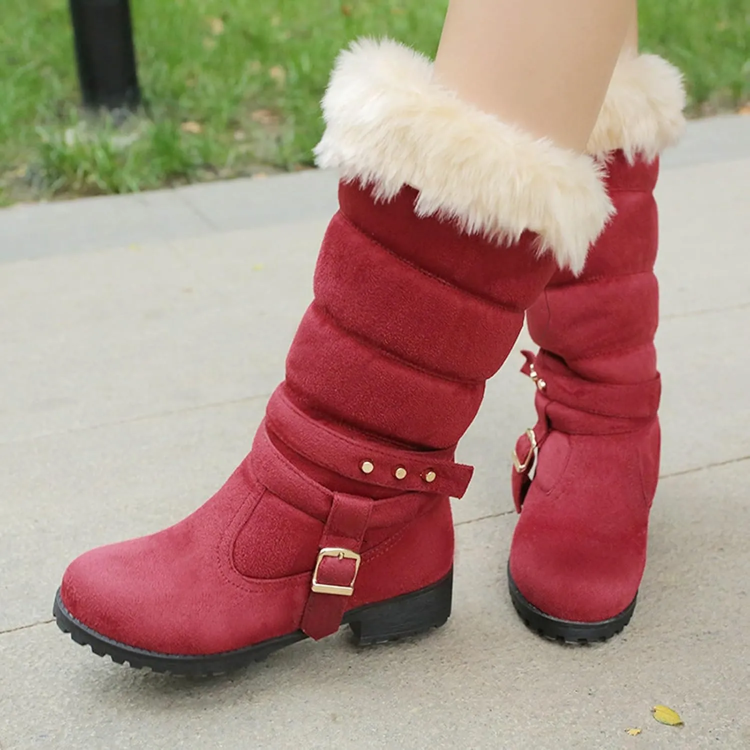 Snow Boots for Women Winter Warm Cotton Belt Mid Calf Boots Low Heel Round Toe Velvet Lined Anti-Slip Resistant Booties
