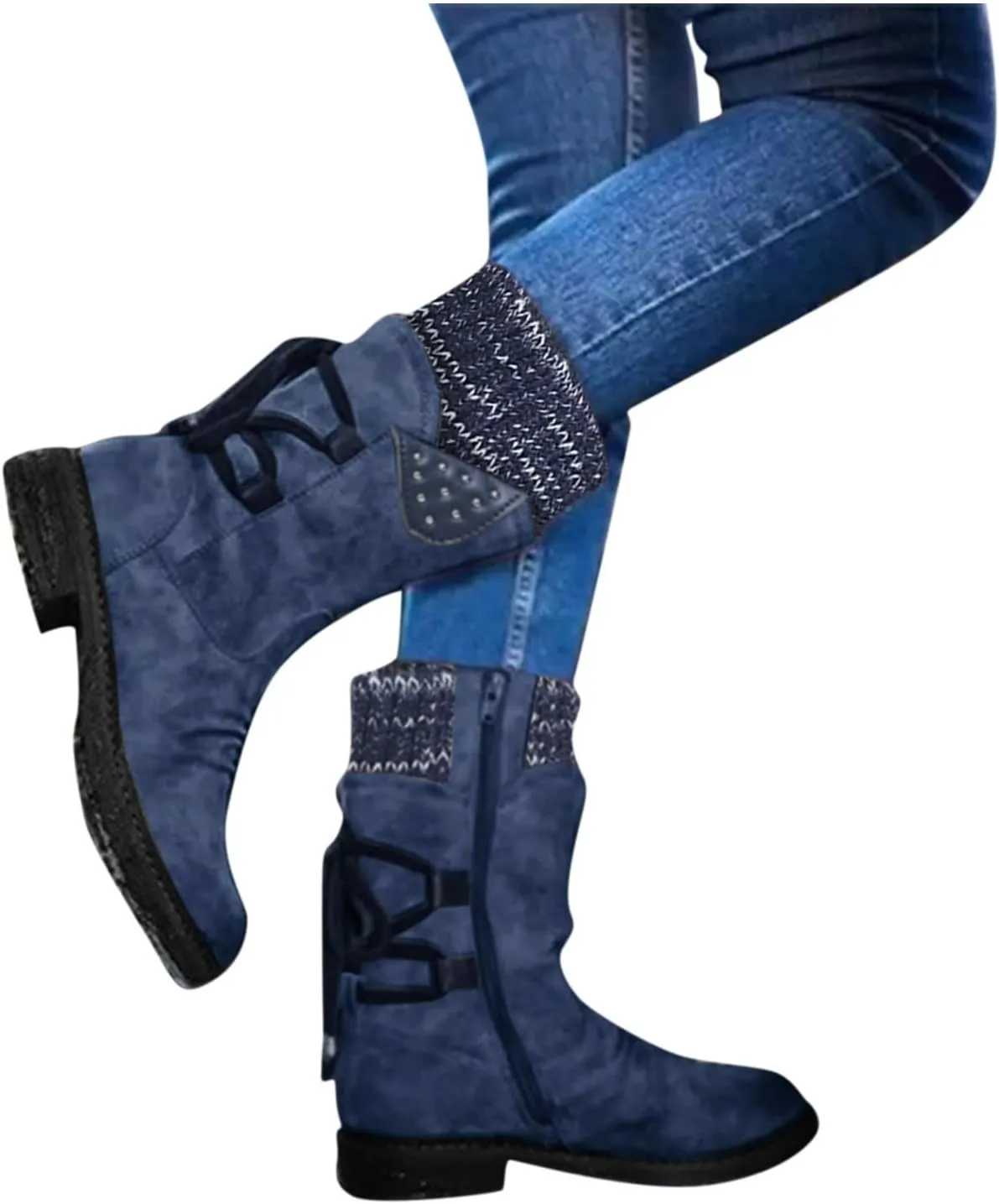 Snow Boots for Women Winter Warm Square Toe Shoes Lace Up Zip High Heel Booties Combat Mid Calf Boots Chunky Platform Boots