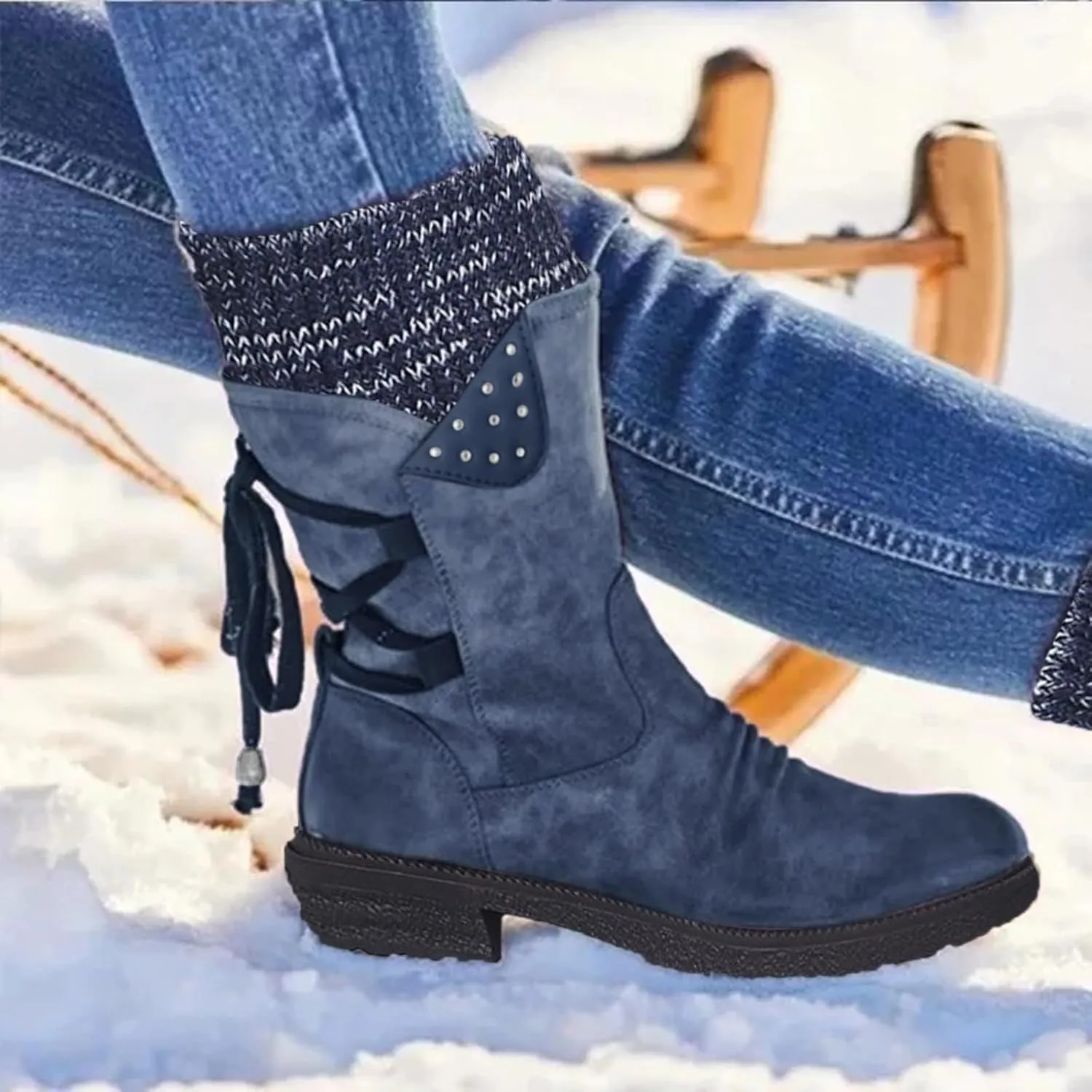 Snow Boots for Women Winter Warm Square Toe Shoes Lace Up Zip High Heel Booties Combat Mid Calf Boots Chunky Platform Boots