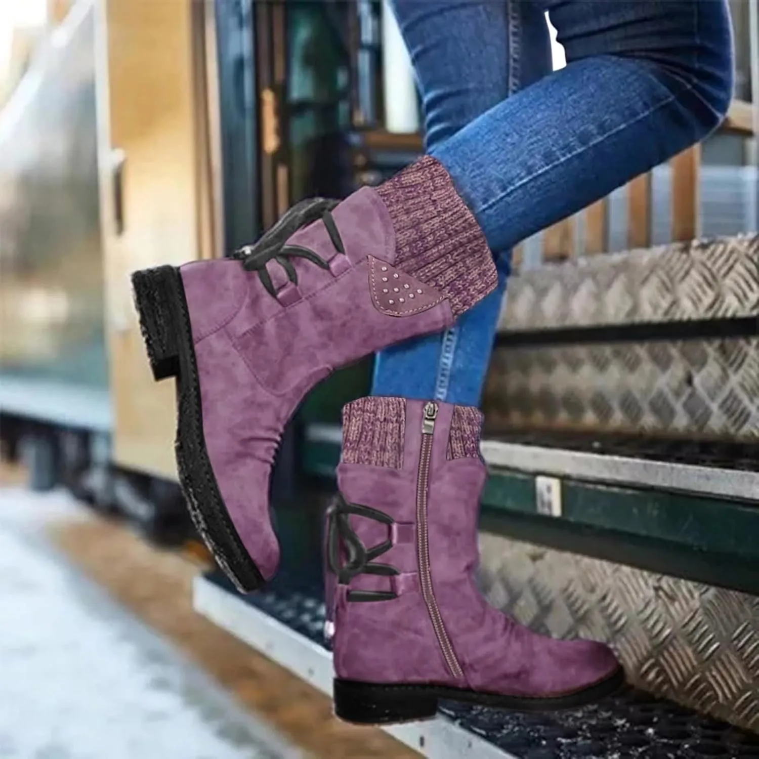 Snow Boots for Women Winter Warm Square Toe Shoes Lace Up Zip High Heel Booties Combat Mid Calf Boots Chunky Platform Boots