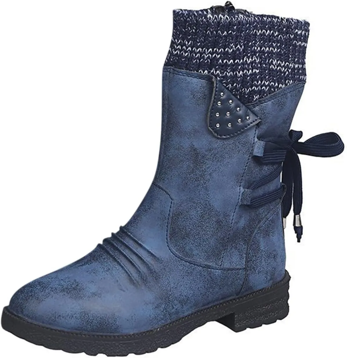 Snow Boots for Women Winter Warm Square Toe Shoes Lace Up Zip High Heel Booties Combat Mid Calf Boots Chunky Platform Boots